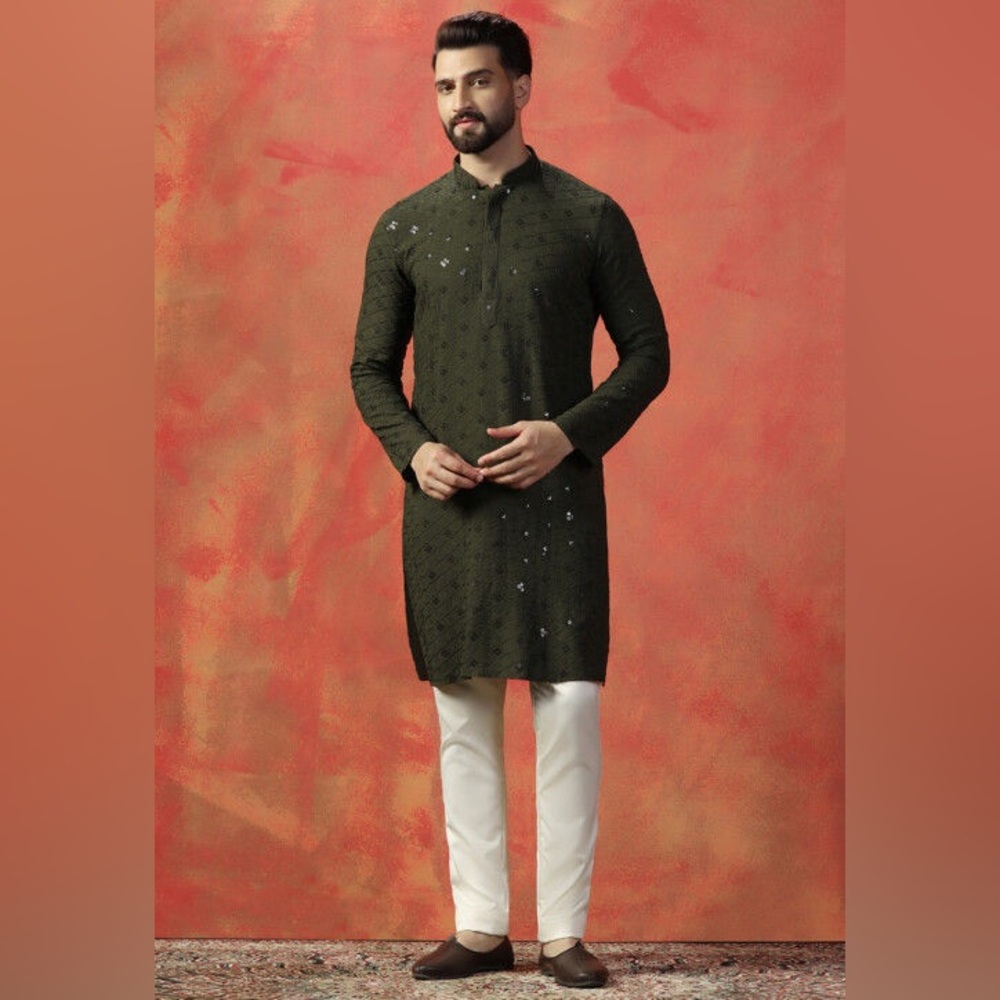 Green Embroidered Cotton Kurta Set - House of Indya